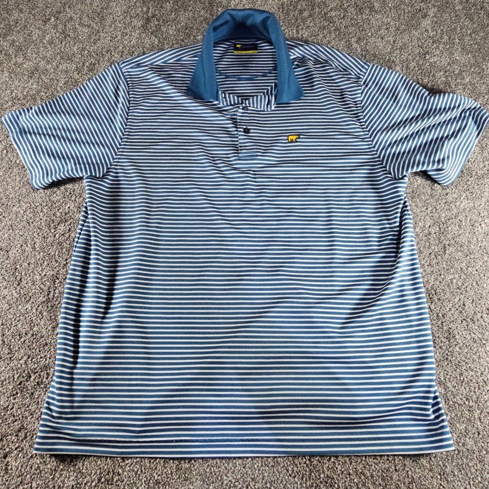 Jack Nicklaus Polo Shirt Mens XL Blue‎ White Striped Golden Bear Logo Golf Top